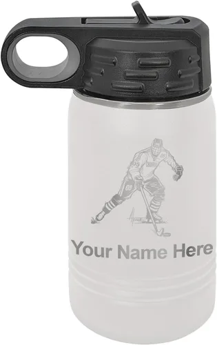 Miniatura 11 de LaserGram Botella de agua personalizada, jugador de hockey, acero inoxidable de doble pared aislada al vacío con popote superior, regalo grabado