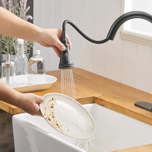 Miniatura 4 de Grifo de cocina negro mate con rociador extraíble, grifo de 3 funciones para fregadero de cocina, mango único, arco alto, cabezal de rociador