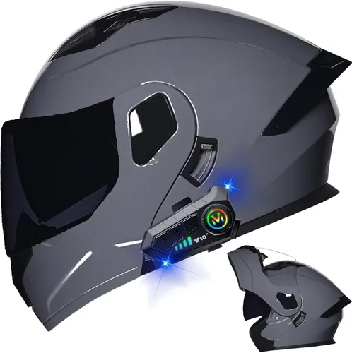 Miniatura 15 de Casco modular Bluetooth para motocicleta, aprobado por DOT, de cara completa, abatible, antivaho, doble visera, casco de motocicleta de calle, LENTE