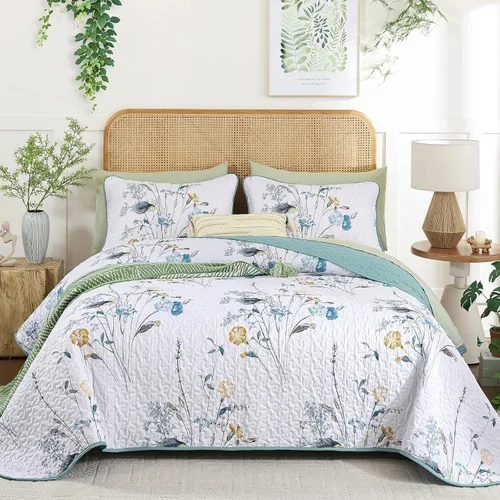 Miniatura 2 de WONGS BEDDING Juego de edredón floral verde azulado, tamaño Queen, juego de colcha de 3 piezas con patrón de plantas botánicas con 2 fundas