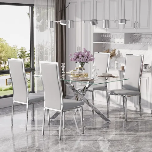 Miniatura 37 de Juego de mesa de comedor de cristal dorado moderno de 63 pulgadas para 6, juego de mesa de cocina rectangular de 7 piezas con patas de acero Negro