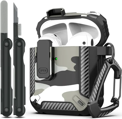 Miniatura 10 de RFUNGUANGO Funda para AirPod de 2ª generación con kit de limpieza, armadura protectora de carcasa dura militar con bloqueo para funda de carga