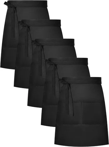 Twistover Paquete de 5 delantales de medio bistro con 2 bolsillos, delantal unisex negro con lazos frontales extra largos en la cintura para hombres
