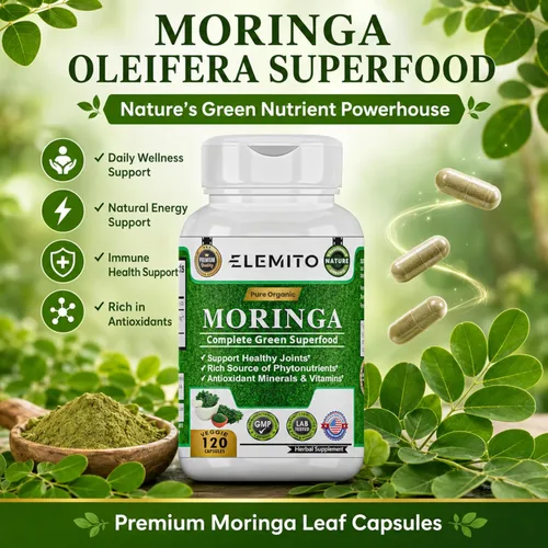Miniatura 3 de Moringa Oleifera Cápsulas de 1000 mg Polvo de hoja de moringa pura Superalimento verde para el metabolismo y el apoyo inmunológico Sin OMG