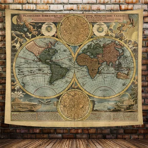 Tapiz de Mapa del Mundo Vintage, Arte de Pared de Mapa Náutico Antiguo del Mundo, Tapiz Pirata Retro de Atlas Geográfico Histórico Wanderlust para
