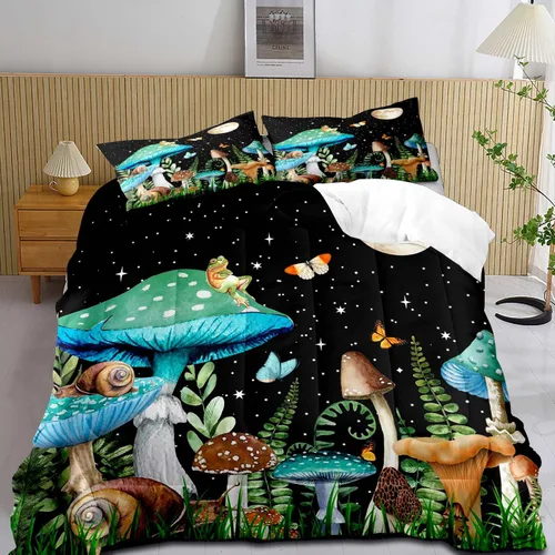 Miniatura 9 de LUVIVIHOME Juego de edredón de 2 piezas de hongos trippy rojos, tamaño individual, ropa de cama para niños y niñas, plantas botánicas verdes