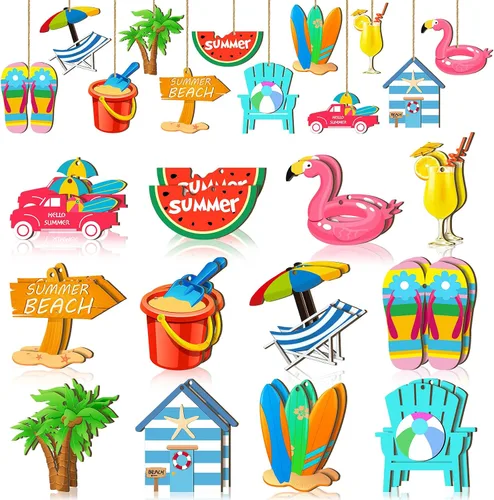 24 adornos de árbol de verano de Navidad en julio, decoración colgante de madera para playa, rebanadas de madera, decoraciones de árbol tropical