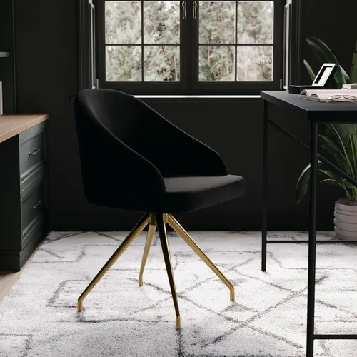 Miniatura 6 de Martha Stewart Sora Silla de Trabajo Giratoria Fija con Brazos Inclinados para Oficina en Casa en Terciopelo Negro con Marco de Latón Pulido
