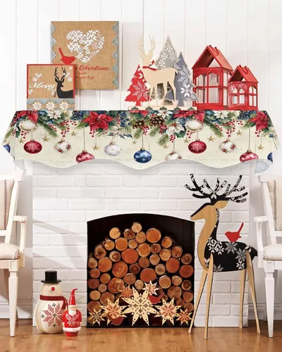 Miniatura 11 de Daleng Bufanda de repisa de camión de Navidad con muñeco de nieve para chimenea, 60 x 17 pulgadas, árbol de Navidad, copos de nieve, ciervos, verde