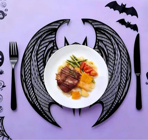 Miniatura 2 de Juego de 12 manteles individuales con forma de murciélago de Halloween, lavables, color negro, gótico, decoración de mesa para interiores