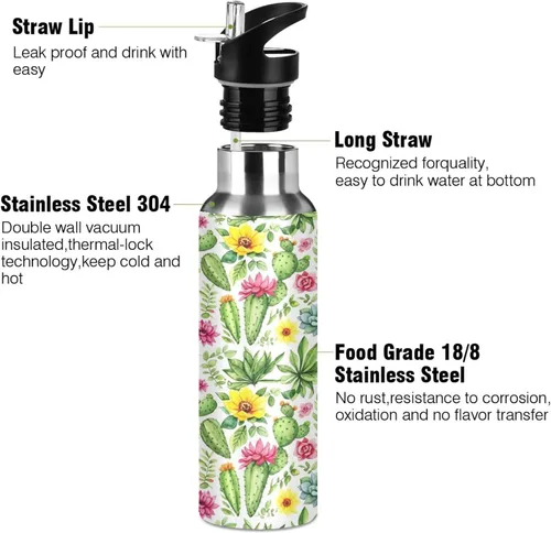 Miniatura 3 de Stainless Steel Vacuum Insulated Water Bottle 20 Oz, Leakproof Water Bottles for Gym Outdoor Travel School, Colorful Watercolor Cacti Succulent