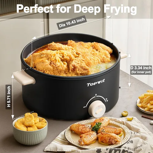 Miniatura 5 de TopWit Olla Eléctrica Hot Pot, Olla Eléctrica de 4L con Revestimiento Antiadherente, Cocina Eléctrica de Doble Alimentación para Freír en Profundo