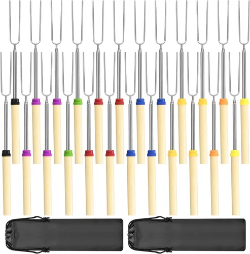 Miniatura 8 de Juego de 5 palitos para asar malvaviscos, brochetas extensibles de metal de 32 pulgadas de largo con mango de madera, para malvavisco, perros