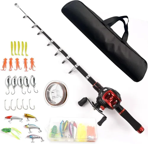 LIXADA Combo de caña de pescar y carrete con señuelos de pesca para adultos, caña de pescar telescópica de 6.89 pies con carrete de cebo 18+1BB mano