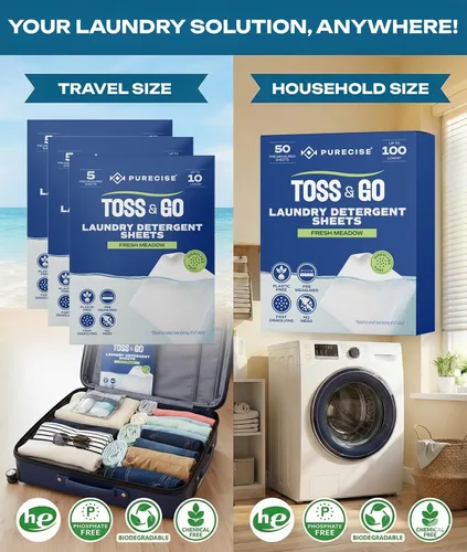 Miniatura 3 de Purecise Toss & Go - Hojas de detergente para ropa Paquete de 3 muestras, 30 cargas, prueba antes de comprometerse, de rápida disolución, sin
