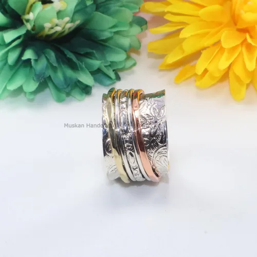 Miniatura 4 de Solid 925 Sterling Silver Flower Floral Three Tone Hammered Meditation Spinner Ring For WomenGirls