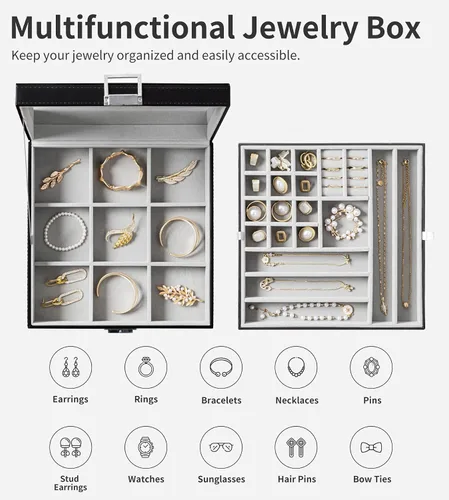 Miniatura 2 de Oyydecor Joyero para regalos de mujeres y niñas organizador de joyas de 2 capas estuche de almacenamiento de joyas de piel sintética con bandeja