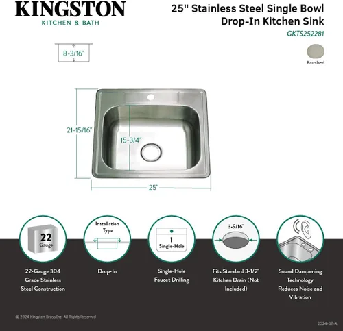 Miniatura 3 de Gourmetier GKTS252281 - Fregadero de cocina con cuenco individual, cepillado
