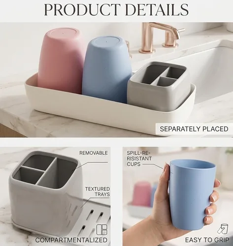 Miniatura 2 de Soporte para cepillos de dientes para niños con tazas de enjuague, cepillo de dientes eléctrico y soporte de almacenamiento de pasta de dientes