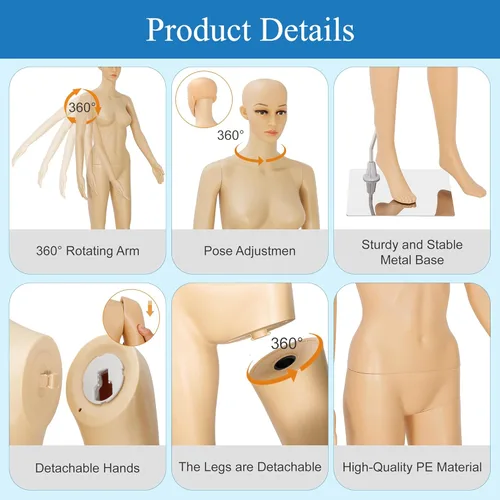 Miniatura 3 de ZENY Maniquí femenino de cuerpo completo, forma de vestido de maniquí ajustable de 68.9 pulgadas con base de metal, soporte de modelo de ropa