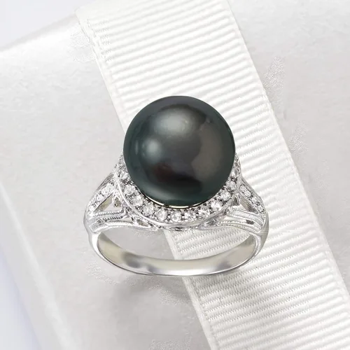Miniatura 5 de Ross-Simons 11-12mm Black Cultured Tahitian Pearl Ring With .20 ct. t.w. White Topaz in Sterling Silver