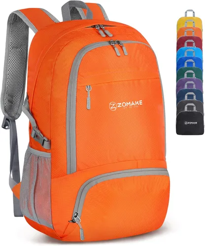 ZOMAKE Mochila plegable ligera 30L, mochilas plegables para senderismo, mochila plegable compacta resistente al agua para viajes Naranja