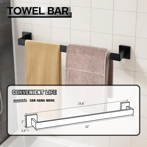 Miniatura 5 de Juego de accesorios de baño de 10 piezas, color negro mate, incluye barra de toalla de baño de 23.6 pulgadas, anillos de toalla, soportes para papel