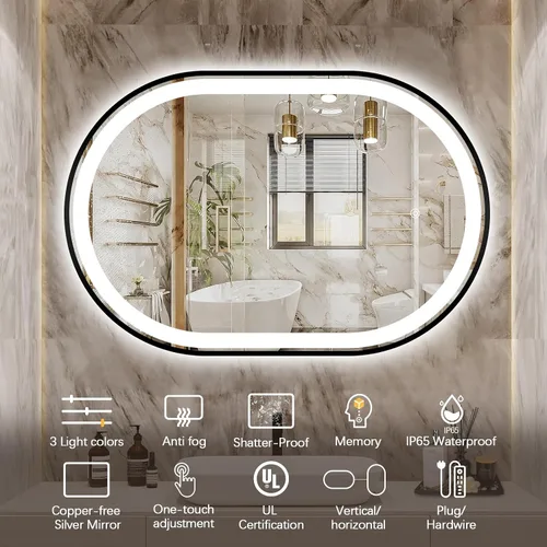 Miniatura 6 de Espejo de baño LED ovalado, espejo retroiluminado de 36 x 24 pulgadas con luz para pared con marco negro, antivaho, regulable, frontal, 3