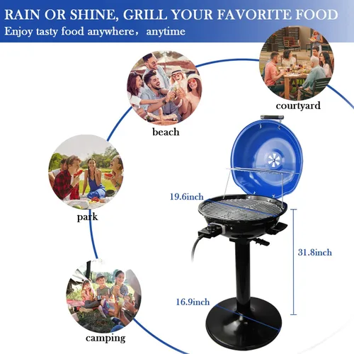 Miniatura 4 de Techwood Parrilla eléctrica para interiores y exteriores de 1600 W, parrilla eléctrica de barbacoa, parrilla de soporte extraíble portátil, azul
