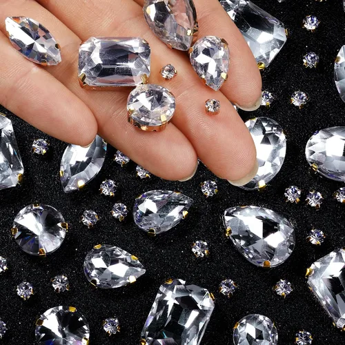 Miniatura 12 de WILLBOND 156 piezas de diamantes de imitación para coser con garra, diamantes de imitación de cristal con base plana, gemas con engaste de metal