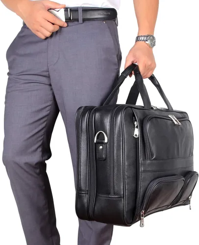 Miniatura 8 de Maletín de cuero de vaca superior para hombres, 17.3 pulgadas, maletín para computadora portátil con cremalleras de metal YKK, apto para viaje