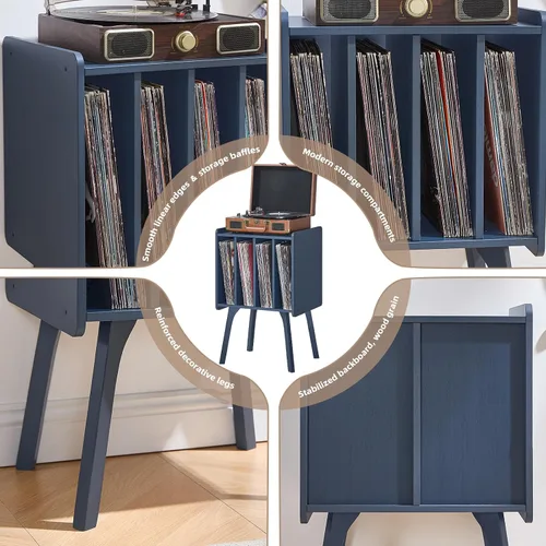 Miniatura 9 de LELELINKY Soporte para tocadiscos, mesa de almacenamiento de discos de vinilo con 4 gabinetes de hasta 100 álbumes, soporte para tocadiscos moderno