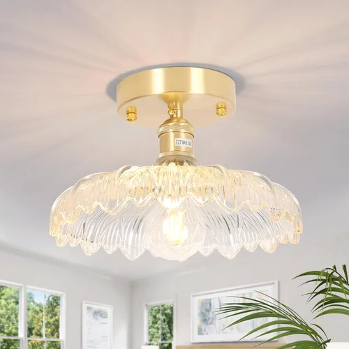 Miniatura 16 de Shenmoyl Luces de pasillo doradas de montaje semiempotrado con vidrio Scindapsus transparente, bombilla incluida, base de 4.72 pulgadas, lámpara
