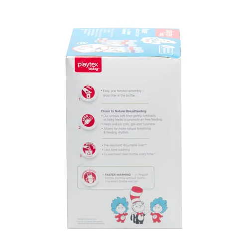Miniatura 8 de Set de regalo Playtex Baby Dr. Seuss para recién nacidos con 5 biberones (3X 4Oz, 2X 8Oz), 2 chupetes Binky, 60 forros desechables y babero, Set