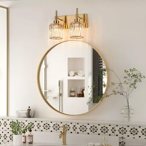Miniatura 2 de Lámparas de baño doradas, 2 lámparas de tocador de cristal para baño, luces modernas de latón sobre espejo