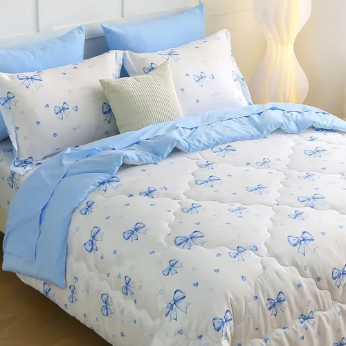 Juego de ropa de cama con lazo para niñas, tamaño matrimonial, 7 piezas, color azul, Kawaii con lazo, cama en una bolsa para niños y adolescentes