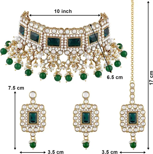 Miniatura 4 de Aheli Traditional Ethnic Kundan Pearls Bridal Choker Necklace Earring Maang Tikka Indian Bollywood Jewelry Set Gift for Women Green