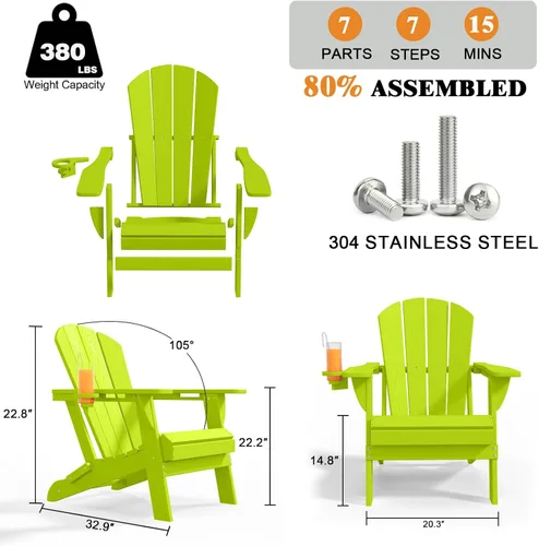 Miniatura 3 de Silla plegable Adirondack con portavasos, juego de 2, sillas de plástico HDPE para exteriores, resistentes a la intemperie, aspecto de madera real