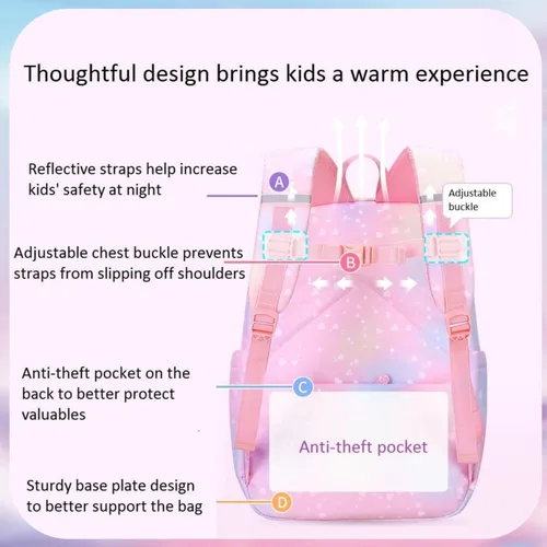 Miniatura 6 de Mochila infantil con diseño de arcoíris degradado para niñas, escuela primaria, con estampado de corazón, mochila escolar con compartimentos