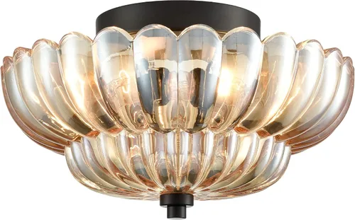 HYDELITE Lámpara de techo moderna negra de montaje empotrado de 3 luces, cerca del techo, con pantalla de vidrio ámbar escamoteado para sala de