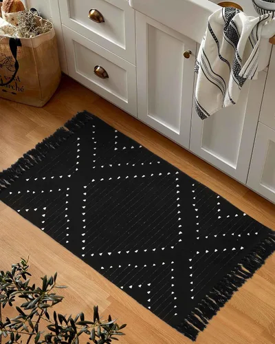 Miniatura 8 de LIVEBOX Alfombra de baño bohemia negra de 2x3 pies, alfombra de baño lavable, pequeñas alfombras tejidas de algodón, alfombra de área marroquí