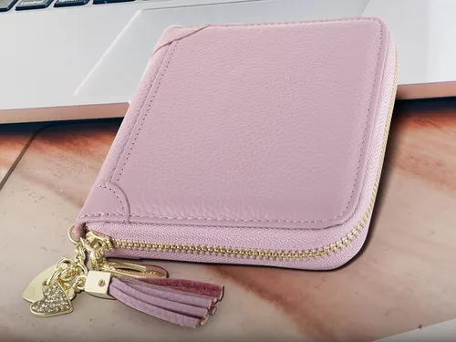 Miniatura 7 de Cartera con tarjetero RFID para tarjetas de crédito, de cuero, con cremallera, para mujer, 40 ranuras para tarjetas, Púrpura, Compacto