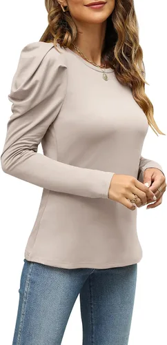 Miniatura 3 de Blusas casuales de manga larga abombadas para mujer, cuello redondo, ajustadas