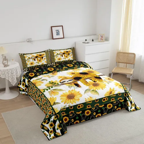 Miniatura 2 de Manfei - Juego de edredón de tamaño Queen con lindo diseño de perezoso, juego de colcha con flores amarillas con 2 fundas de almohada, juego de ropa