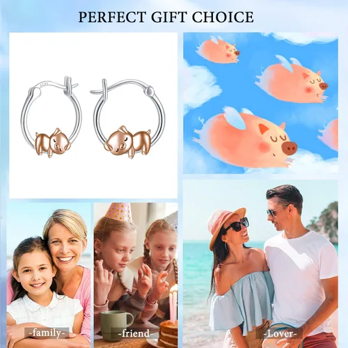 Miniatura 7 de Pendientes de cerdo de plata de ley 925 con diseño de animales, hipoalergénicos, regalos de joyería de cerdo para mujeres y niñas amantes