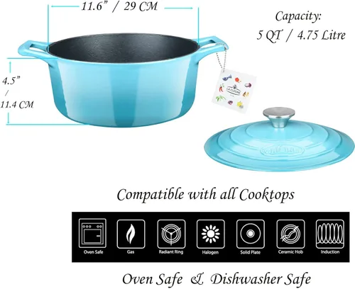 Miniatura 4 de La Cuisine - Cacerola ovalada de hierro fundido esmaltado Dutch Oven con tapa, 5 cuartos de galón, esmalte interno negro mate para hornear pan