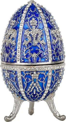 Miniatura 3 de Huevo de Faberge azul con más de 600 mini cristales de diamantes de imitación esmaltados de Faberge, cajas de joyería decorativas con bisagras