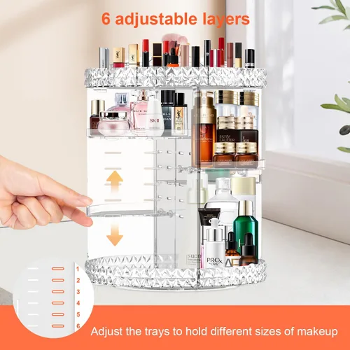 Miniatura 3 de Organizador de maquillaje giratorio de 360 grados para tocador + soporte para brochas de maquillaje, organizador de perfumes con 6 capas ajustables