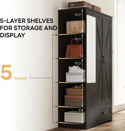 Miniatura 5 de LIKIMIO Armario Armario de 70 pulgadas, gran almacenamiento con espejo, 2 puertas, cajón y estantes, moderno dormitorio independiente de madera Negro