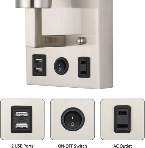 Miniatura 2 de BTY Juego de 2 apliques de pared modernos, lámparas de pared para dormitorio, enchufe con puertos de carga USB, apliques de enchufe de CA